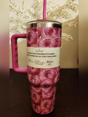 Ashland Pink Donut-Print Stainless Steel Insulated Tumbler with Handle